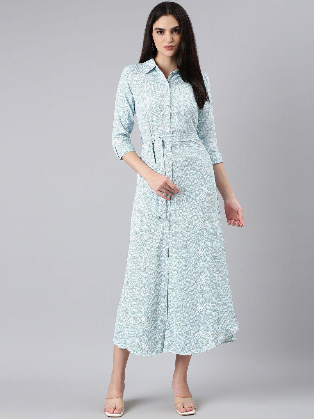 showoff geometric printed shirt collar roll-up sleeves belted midi shirt dress