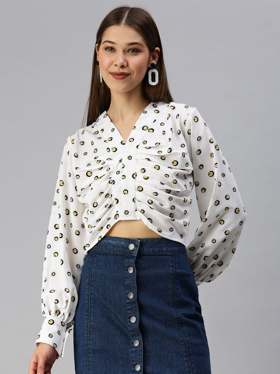 showoff geometric printed v-neck long cuffed sleeves ruched crop top