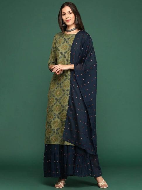 showoff green & navy embellished kurta with skirt & dupatta