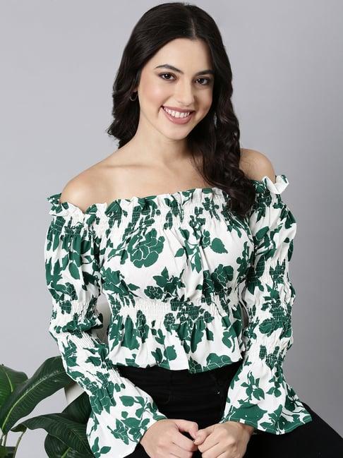 showoff green & white floral print crop top