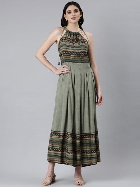 showoff green cotton printed midi dress