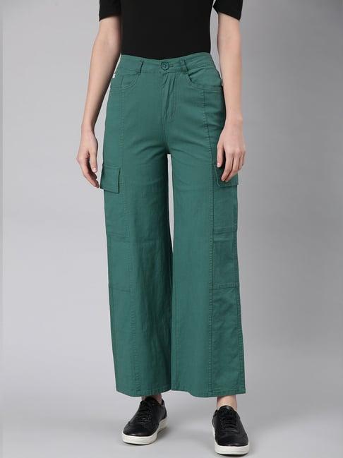 showoff green cotton relaxed fit mid rise cargo jeans