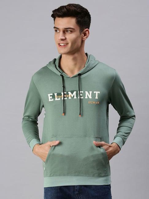 showoff green cotton slim fit printed hooded sweatshirt