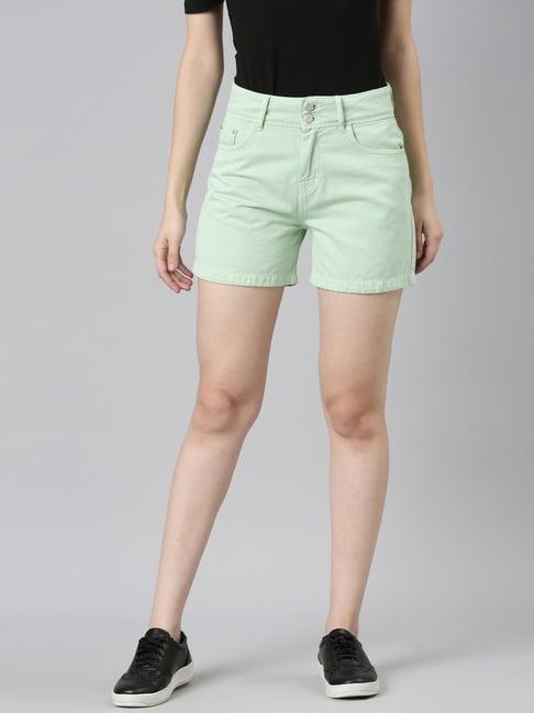 showoff green denim slim fit shorts