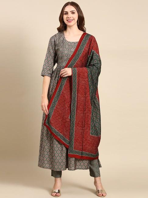 showoff green embellished kurta with pants & dupatta