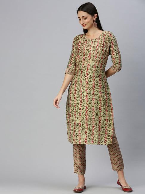 showoff green floral print kurta with pants