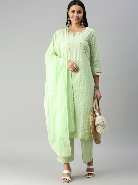 showoff green floral print straight kurta with pants & dupatta