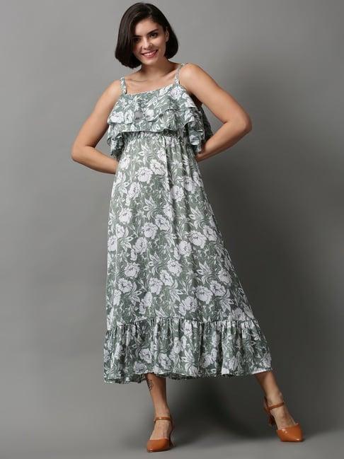 showoff green printed a-line dress