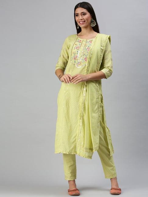 showoff green printed straight calf length kurta with pants & dupatta