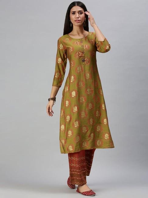 showoff green printed straight calf length kurta with pants