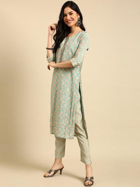 showoff green printed straight calf length kurta with pants