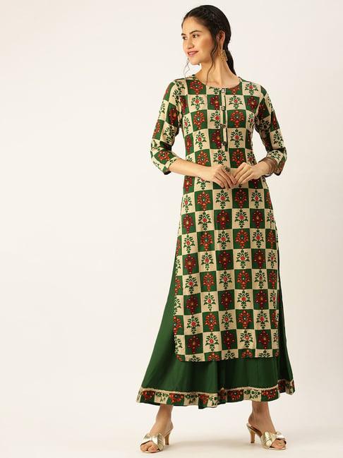 showoff green printed straight kurta with palazzo