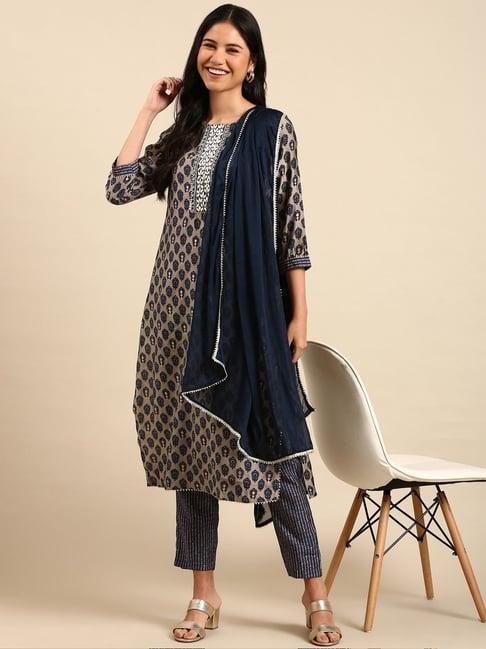 showoff grey & blue printed kurta pant set with dupatta
