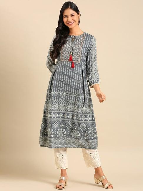 showoff grey & blue printed kurta pant set