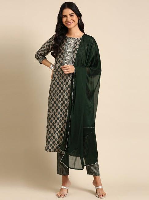 showoff grey & green printed kurta pant set with dupatta
