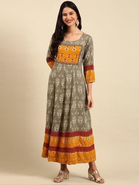 showoff grey & mustard embroidered a line kurta