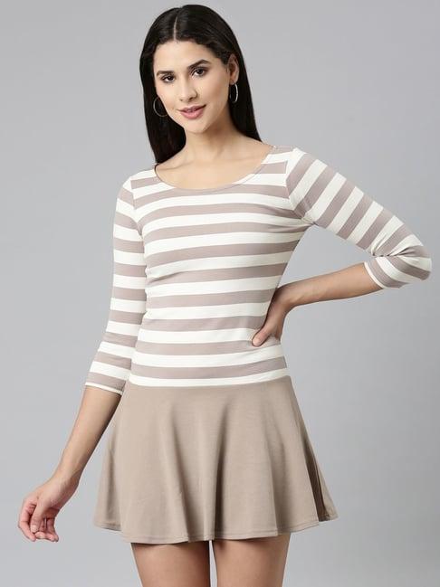 showoff grey & white cotton striped skater dress