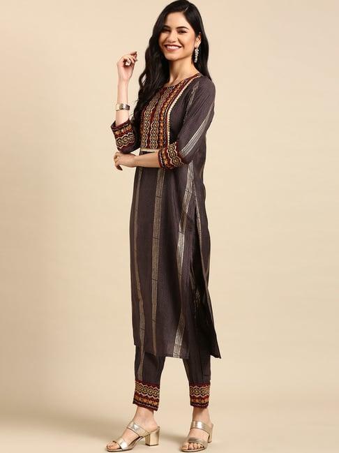 showoff grey checks straight calf length kurta with pants