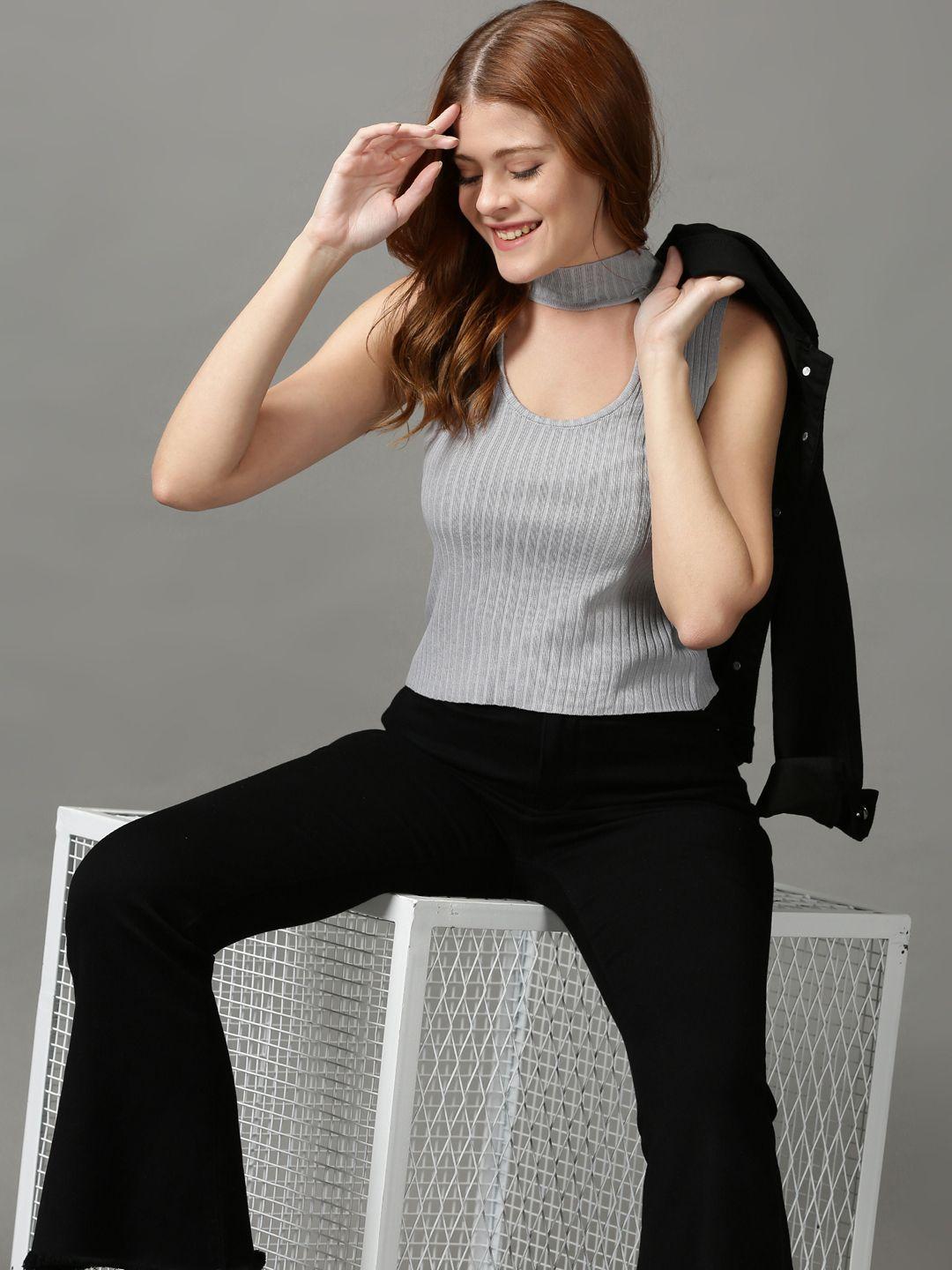 showoff grey choker neck fitted sleeveless top