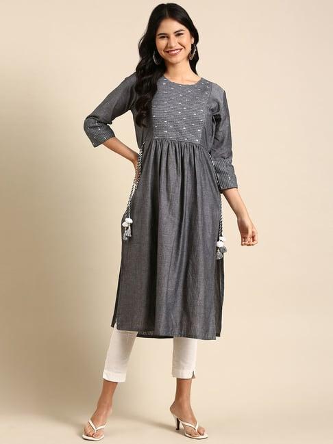 showoff grey cotton embellished a line kurta