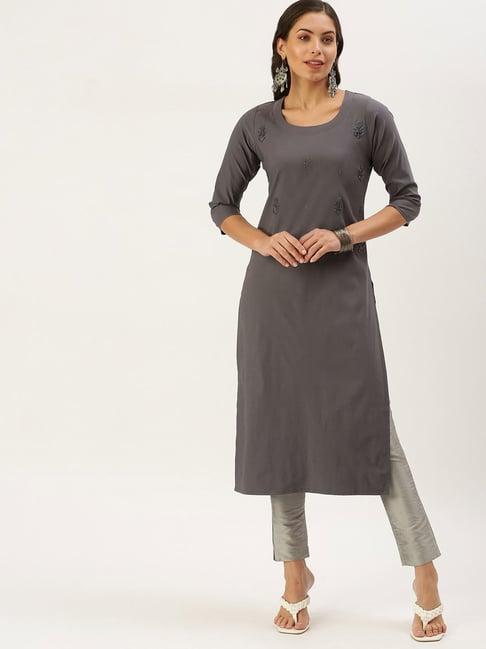 showoff grey cotton embellished calf length straight kurta