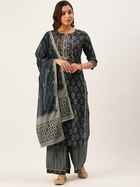 showoff grey cotton embroidered kurta with palazzo & dupatta