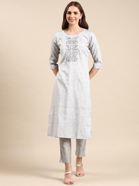 showoff grey cotton embroidered kurta