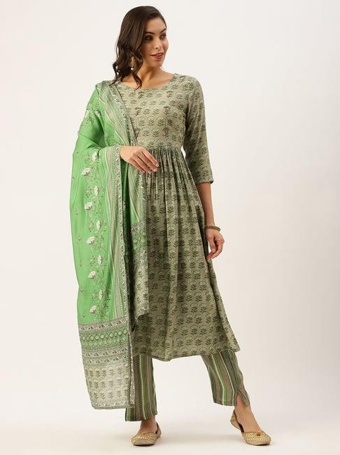 showoff grey cotton floral print kurta with pants & dupatta