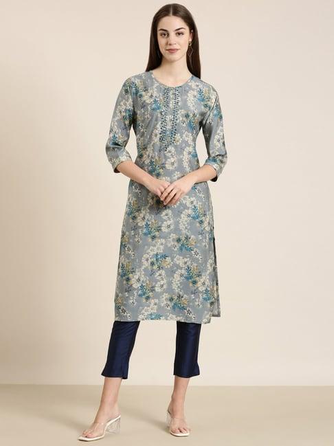 showoff grey cotton floral print kurta