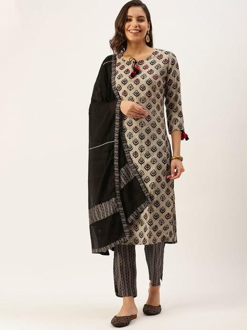 showoff grey cotton floral print straight kurta with pants & dupatta