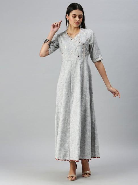 showoff grey cotton woven design embroidered ankle length anarkali kurta