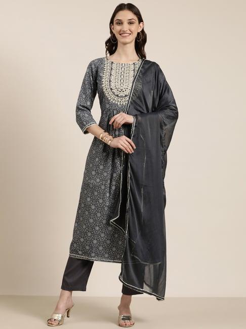 showoff grey embellished kurta with pants & dupatta