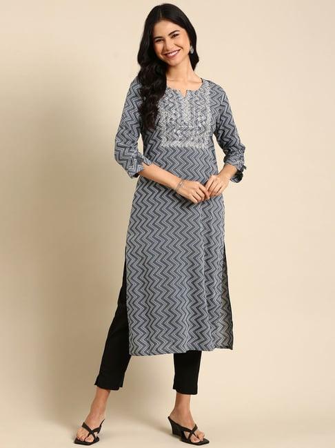 showoff grey embroidered straight kurta