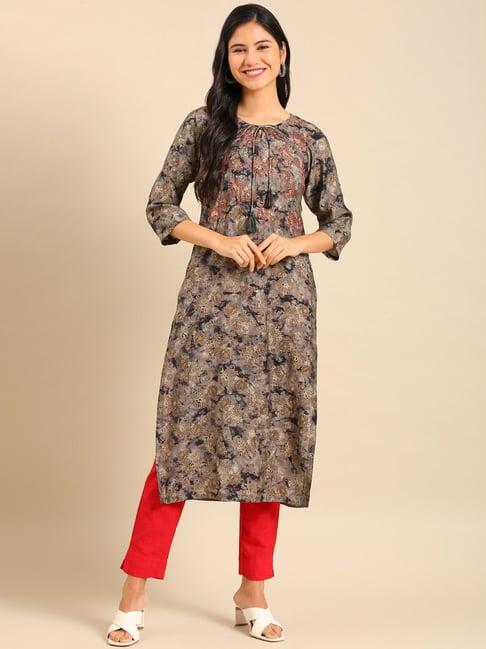 showoff grey embroidered straight kurta