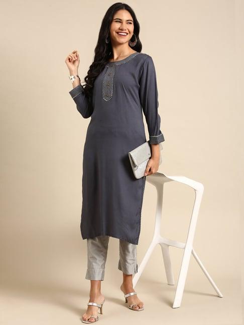 showoff grey embroidered straight kurta