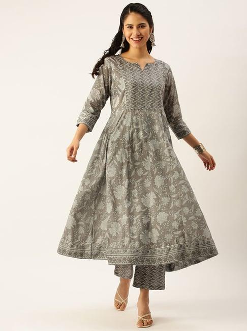 showoff grey floral print straight kurta with pants