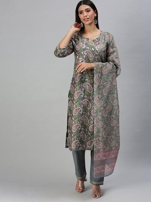 showoff grey printed straight calf length kurta with pants & dupatta