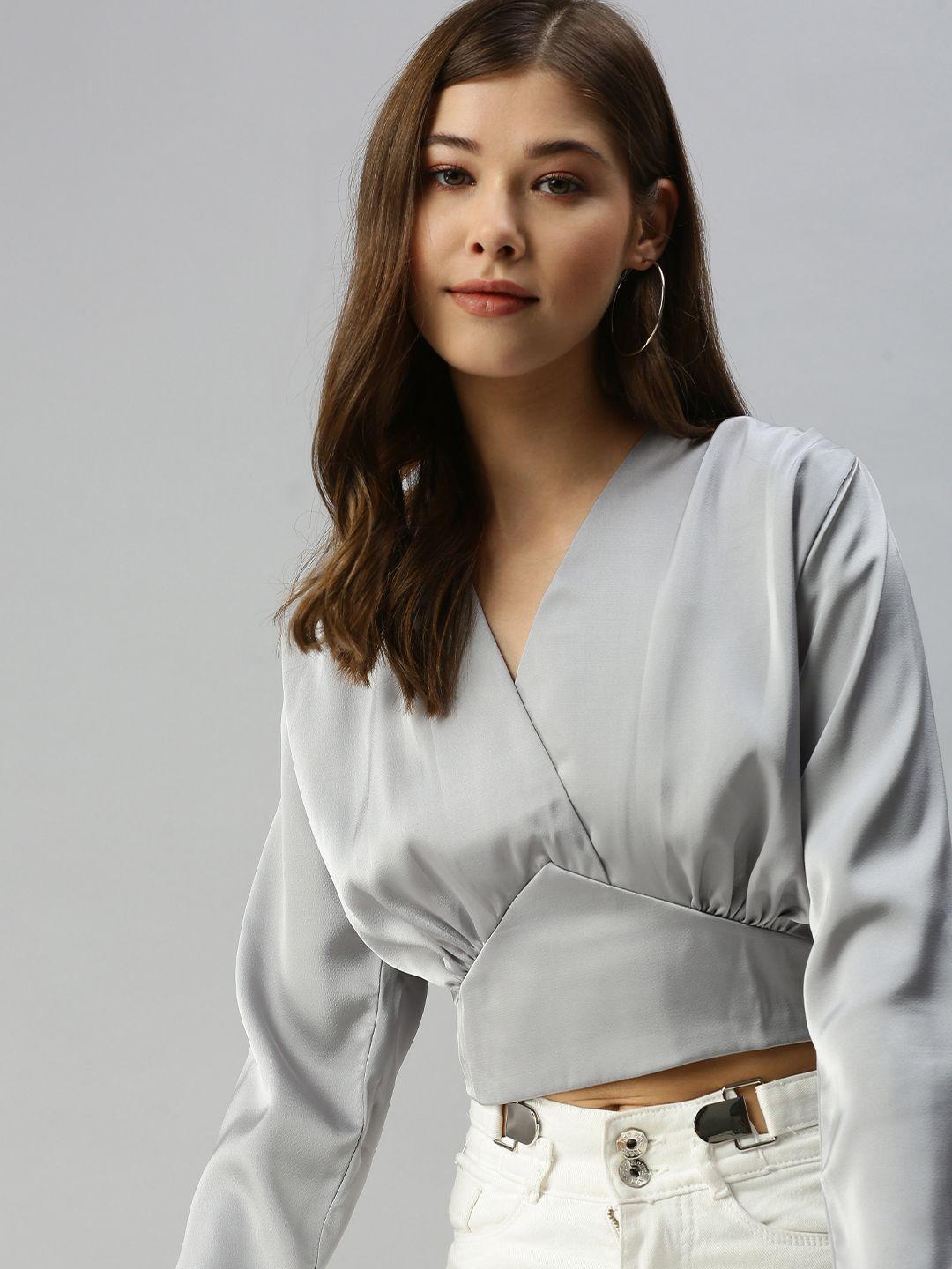 showoff grey satin wrap crop top