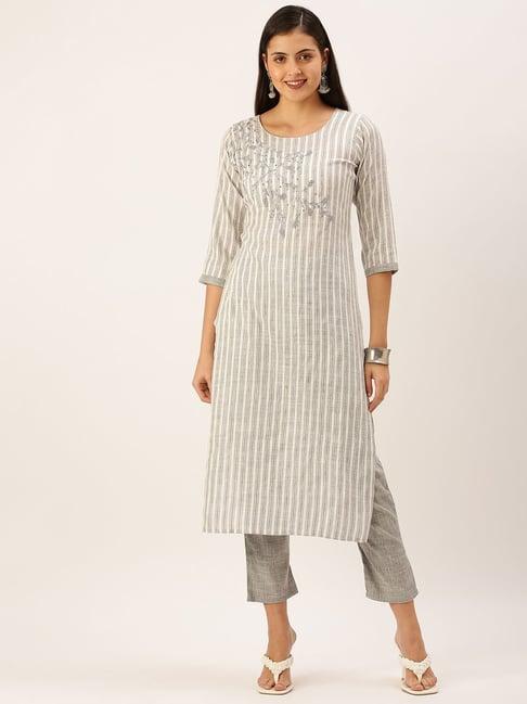 showoff grey striped straight calf length kurta with pants