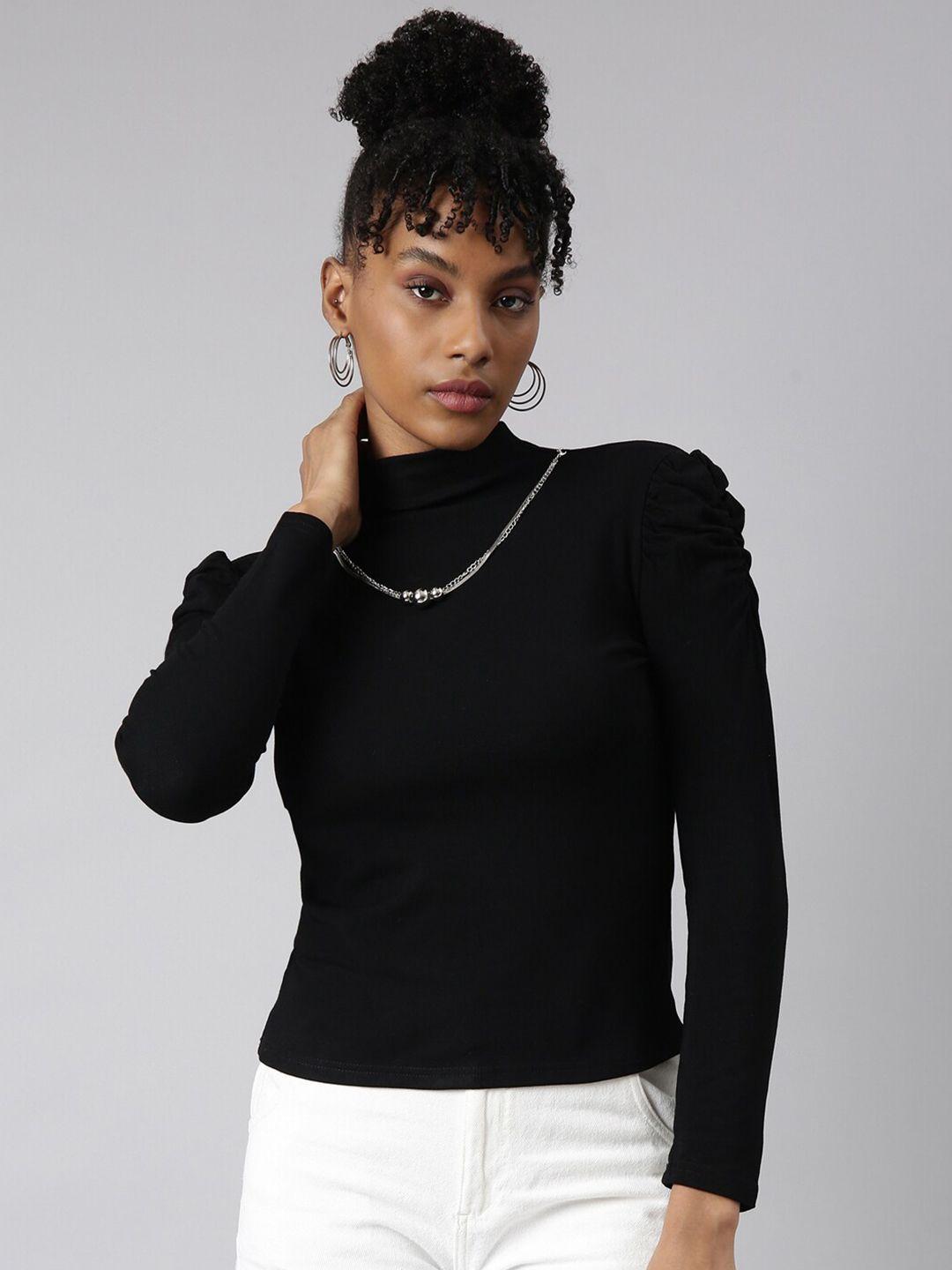 showoff high neck acrylic fitted top with attached chain