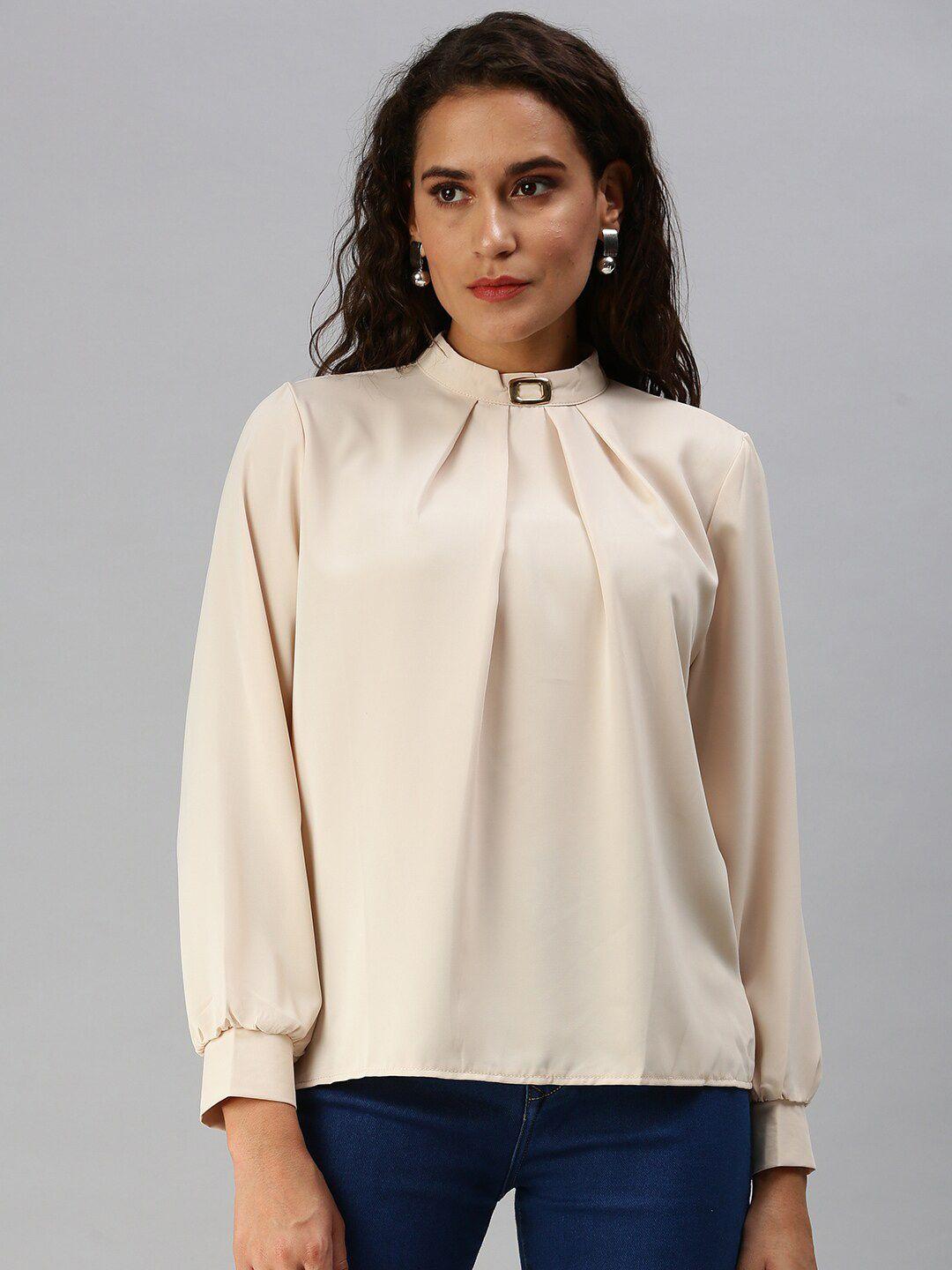 showoff high neck cuffed sleeves pleated top