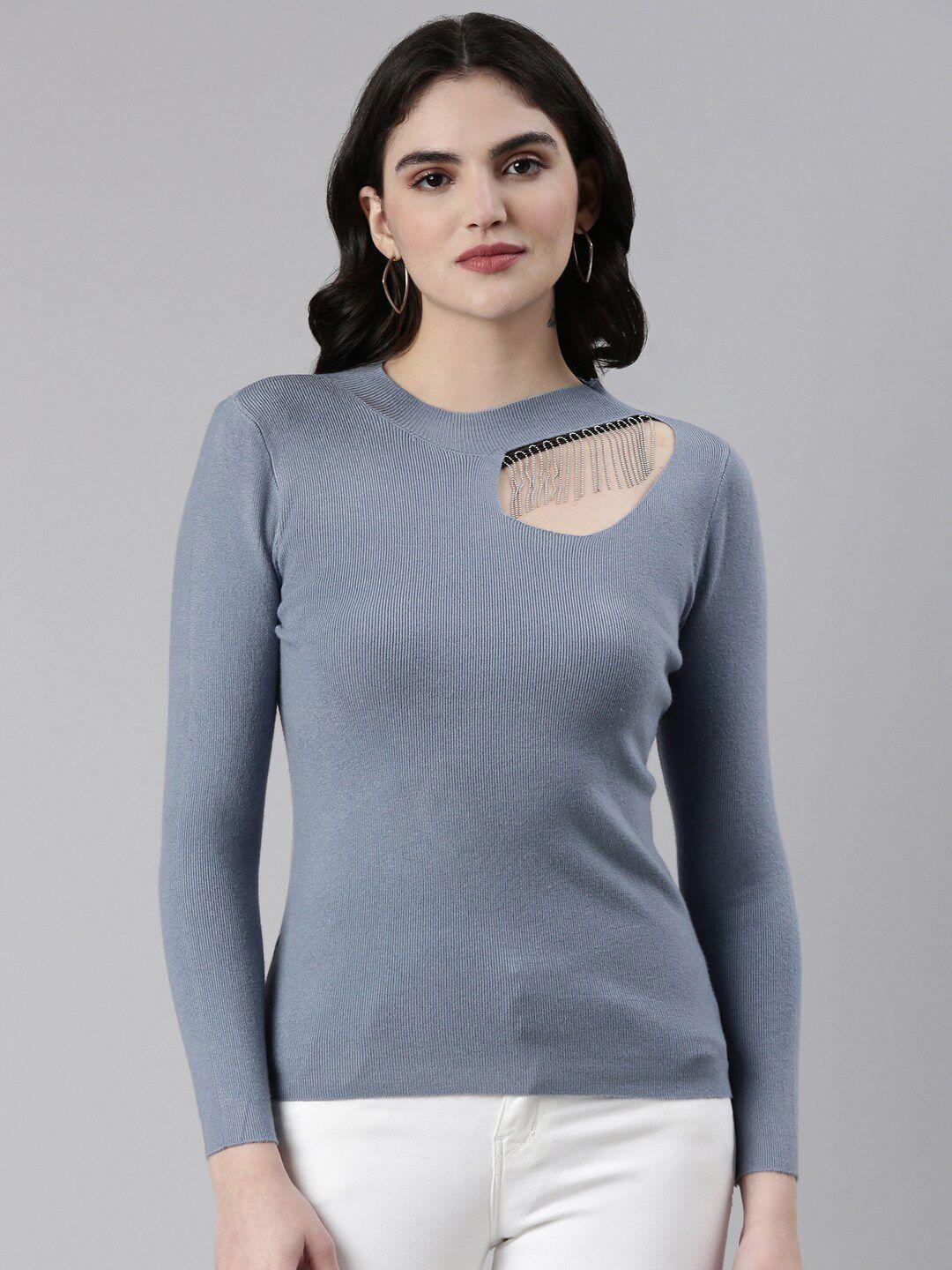 showoff high neck cut out ribbed top