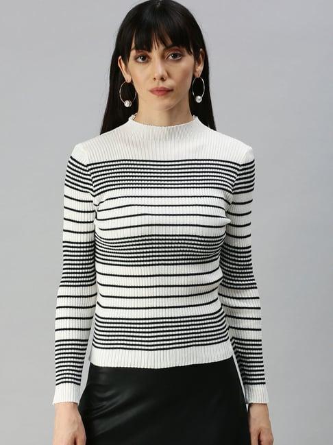 showoff high neck horizontal stripes white top