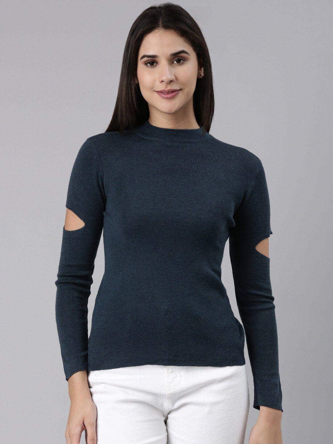 showoff high neck long sleeve cut out fitted top