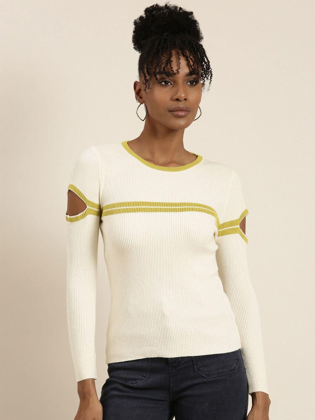 showoff horizontal striped round neck cut out acrylic top