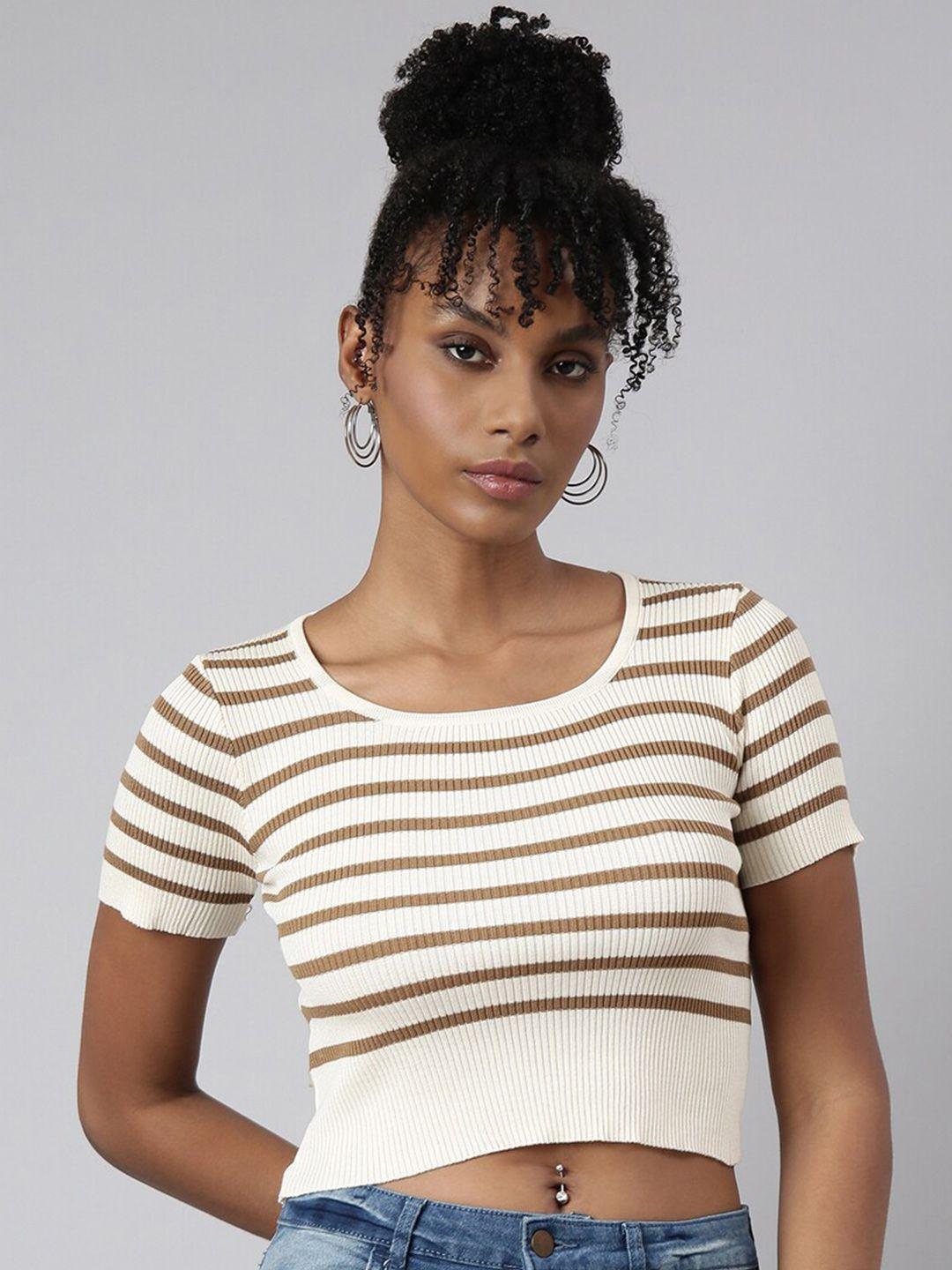 showoff horizontal striped round neck fitted acrylic crop top