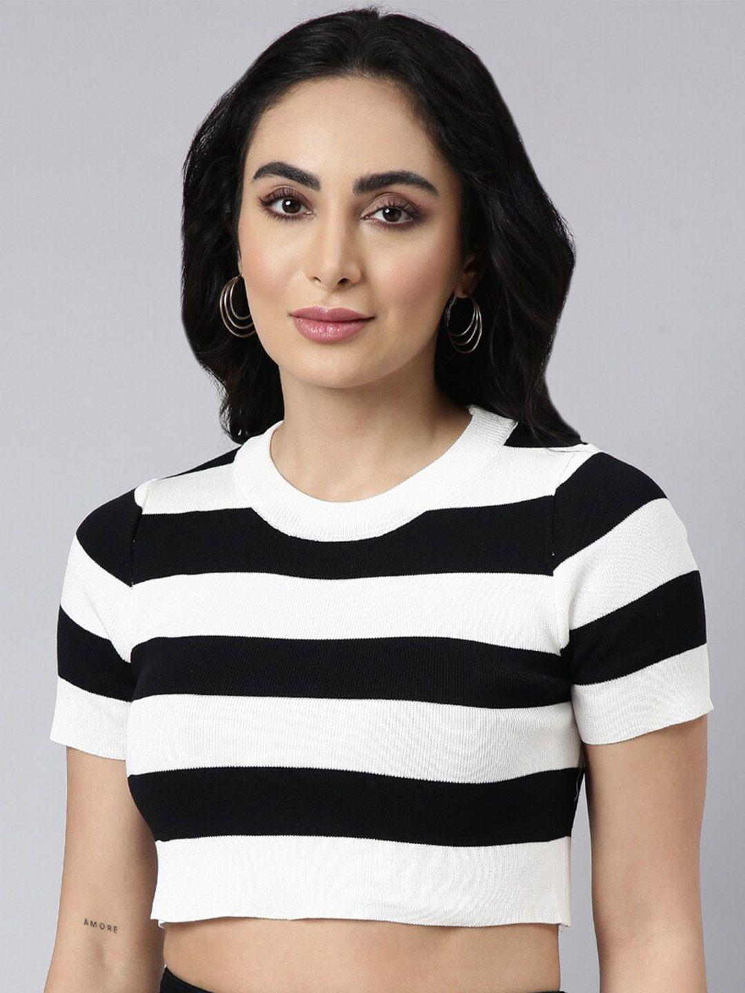 showoff horizontal stripes round neck short sleeves fitted crop top