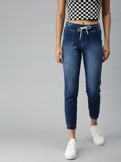 showoff jogger high-rise blue low distress jeans