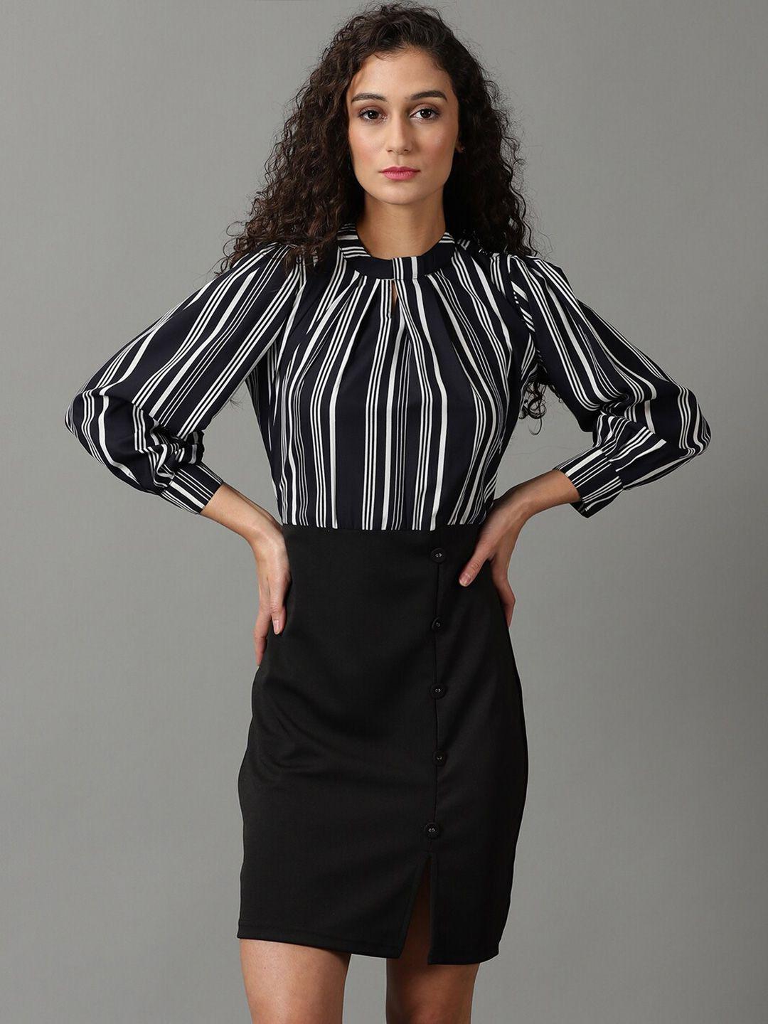 showoff keyhole neck striped chiffon sheath dress