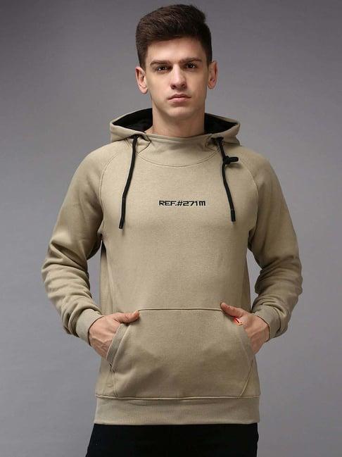 showoff khaki cotton regular fit hooded sweatshirt